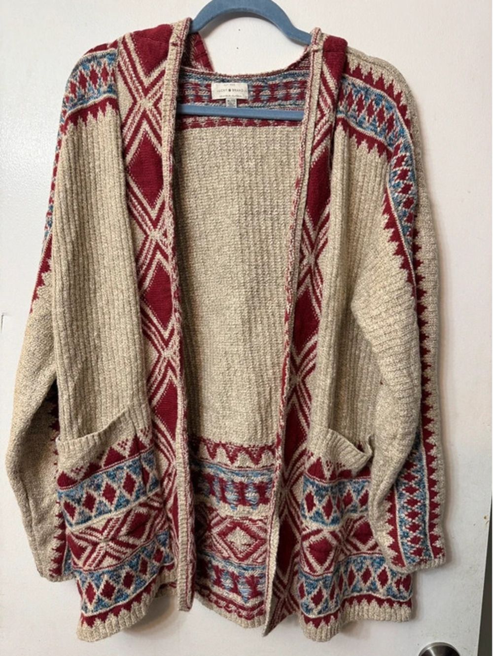 Lucky Brand Southwestern Geometric Open Front Knit Cardigan Size XL